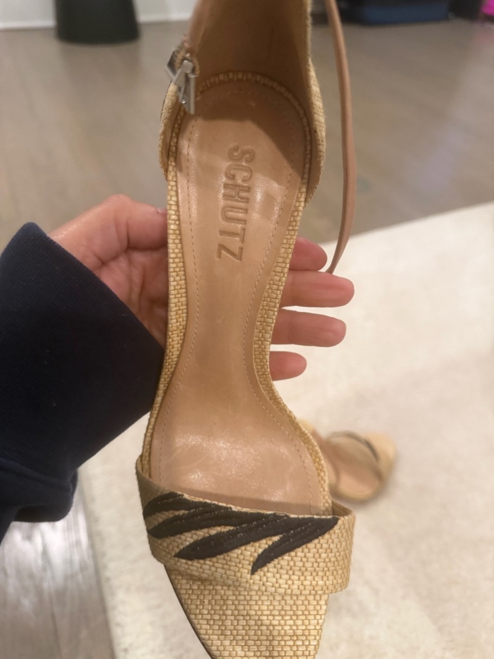 SCHUTZ Beige Raffia Pointed Toe Ankle Strap Heels with Black Embroidery